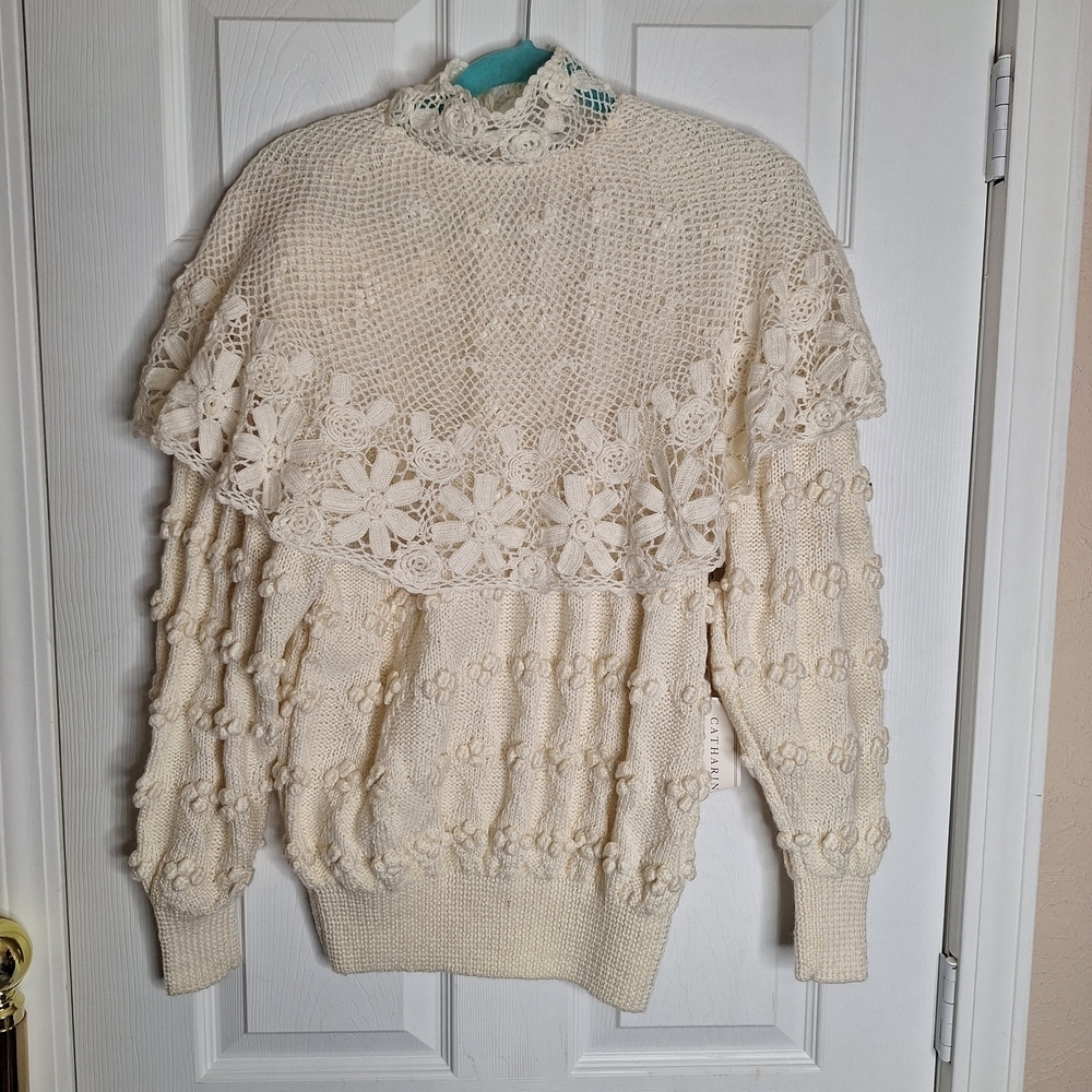 Vintage Catherine Lover Cream Floral Hand Knit Sweater Size Large NWT